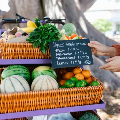 Vibrant display of organic fruits and vegetables at a farmers market.